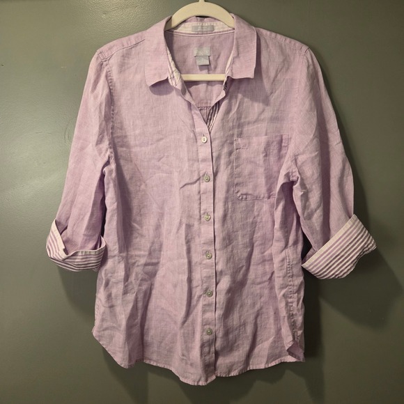 Chico's Tops - Chico's 100% Linen Button Up Shirt 3/4 Sleeves, Size 2 Women's 12/14, Lavender